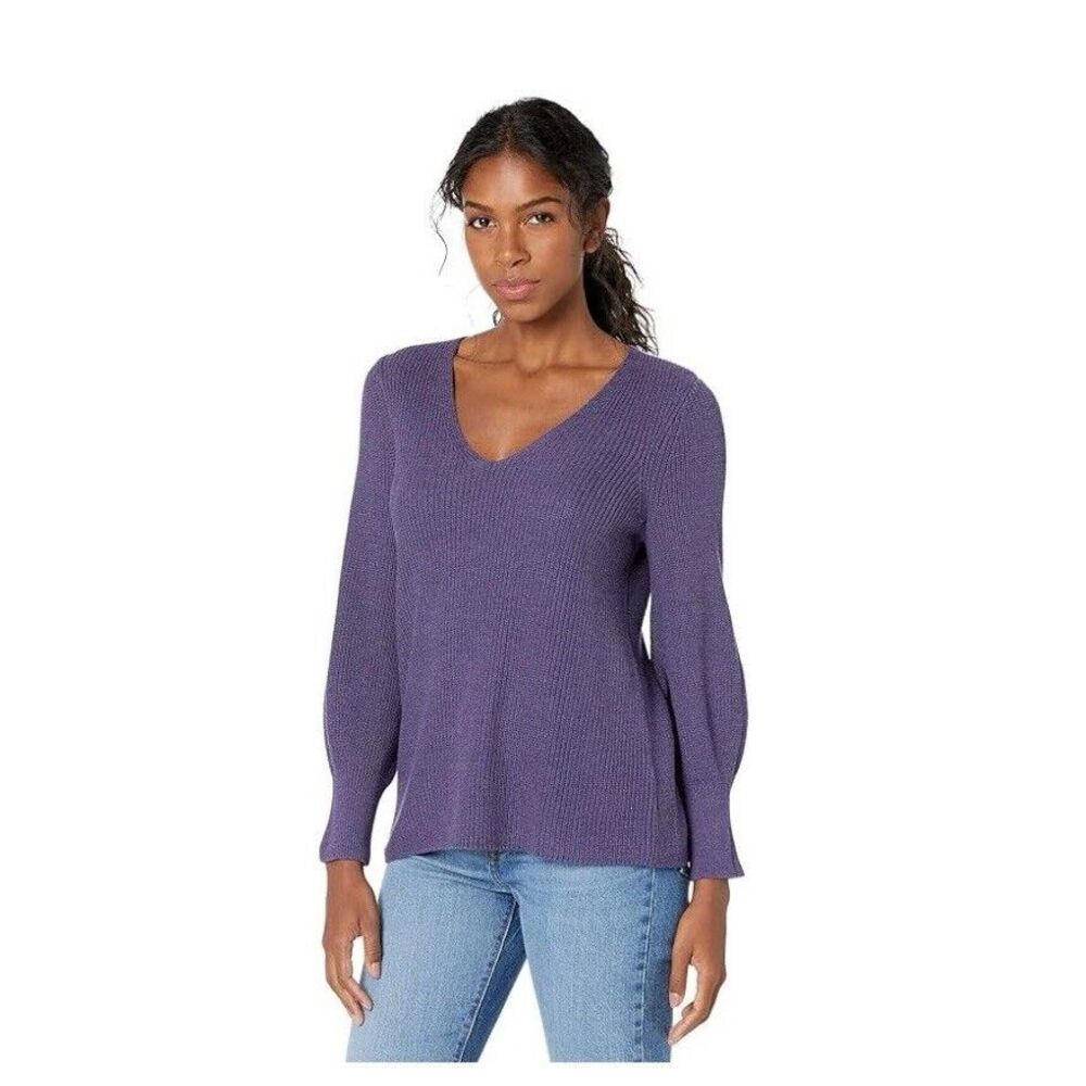 Nic + Zoe Women's XS Purple Vneck Chunky Knit Puff Sleeve Shaker Sweater $158NWT